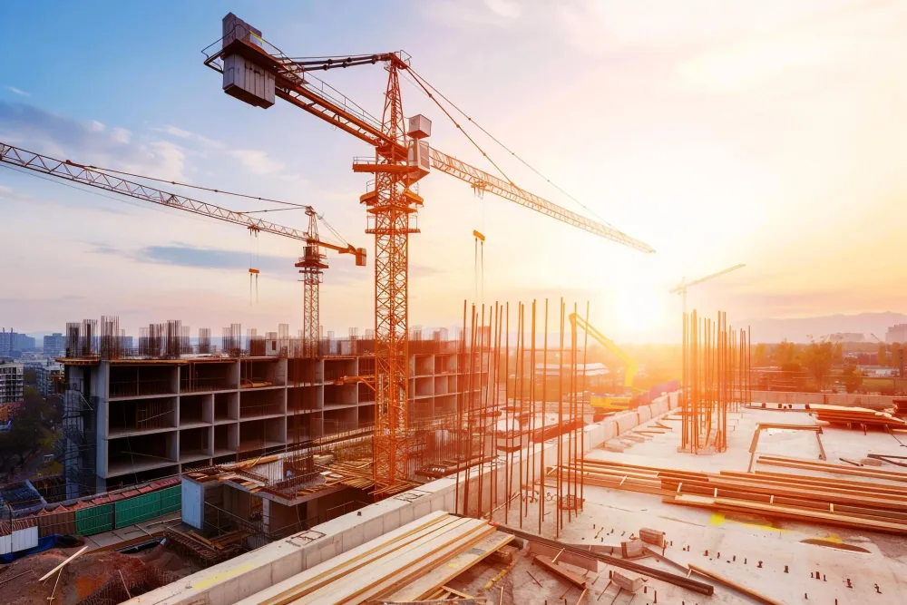 Baukräne auf einer Baustelle im Abendlicht