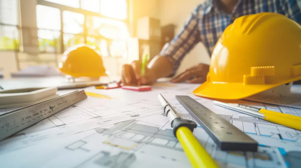 Planung am Schreibtisch mit Bauplänen und Werkzeug
