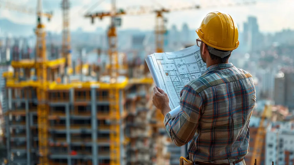 Bauleiter mit Bauplan vor einer Baustelle